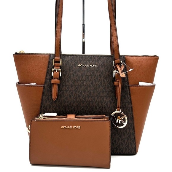 Michael Kors Large Charlotte Tote Bag & Large Double Zip Wallet Brown (NWT) - Picture 2 of 14